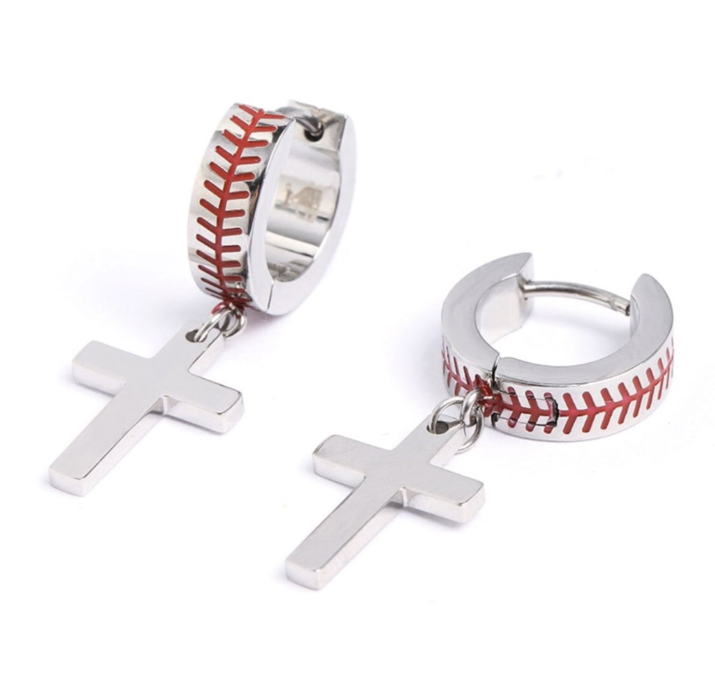 Stainless Baseball Cross Hoop Earrings - Baseball Legend Apparel