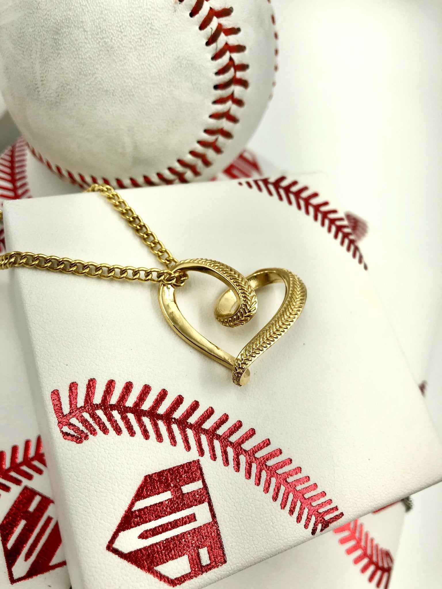 Golden Baseball Stitched Infinity Heart Pendant and Chain - Baseball Legend Apparel