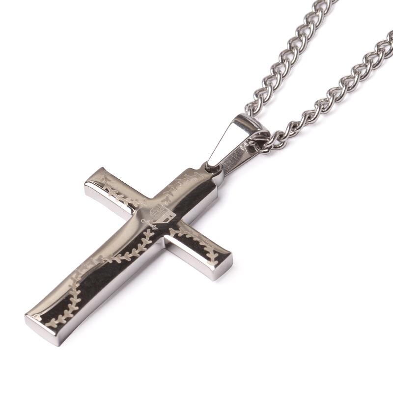 Stainless Baseball Glove Leather Inlay Cross and Chain - Baseball Legend Apparel